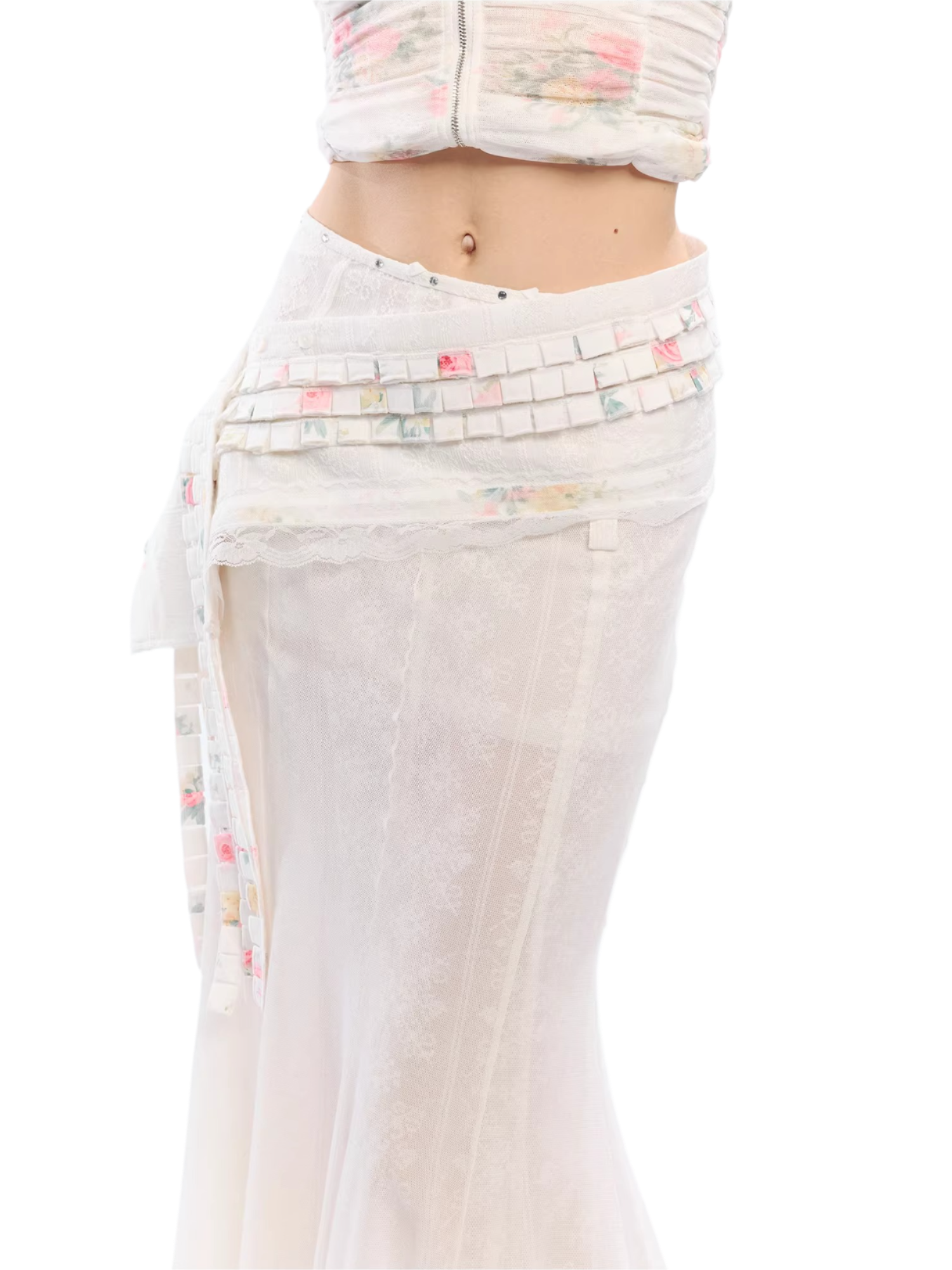 Vintage Floral Lace Asymmetric Waist Draped Overlay Skirt Belt