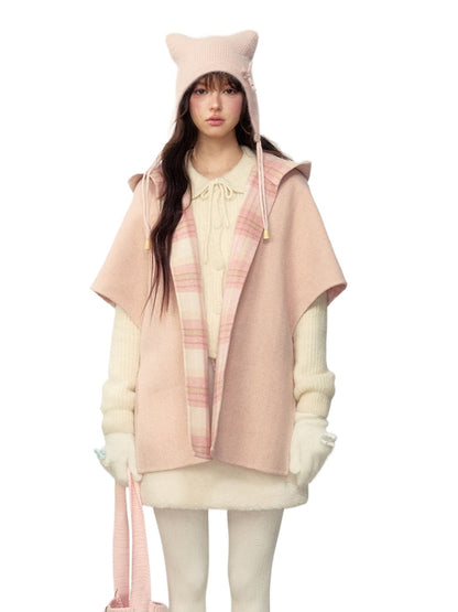 Wool Double-Sided Hooded Cape Coat