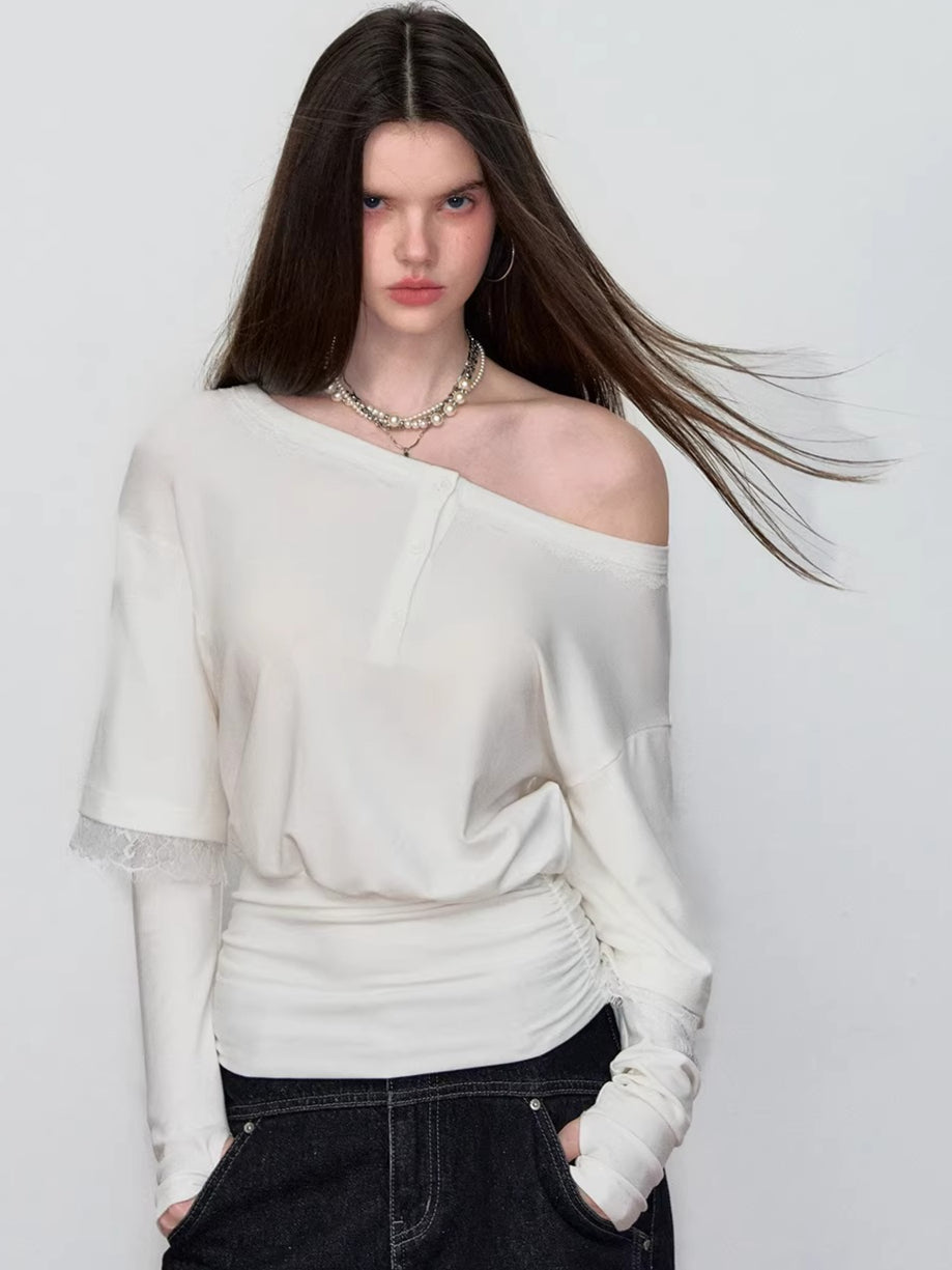 Asymmetric Lace-Panel Faux Layered T-Shirt
