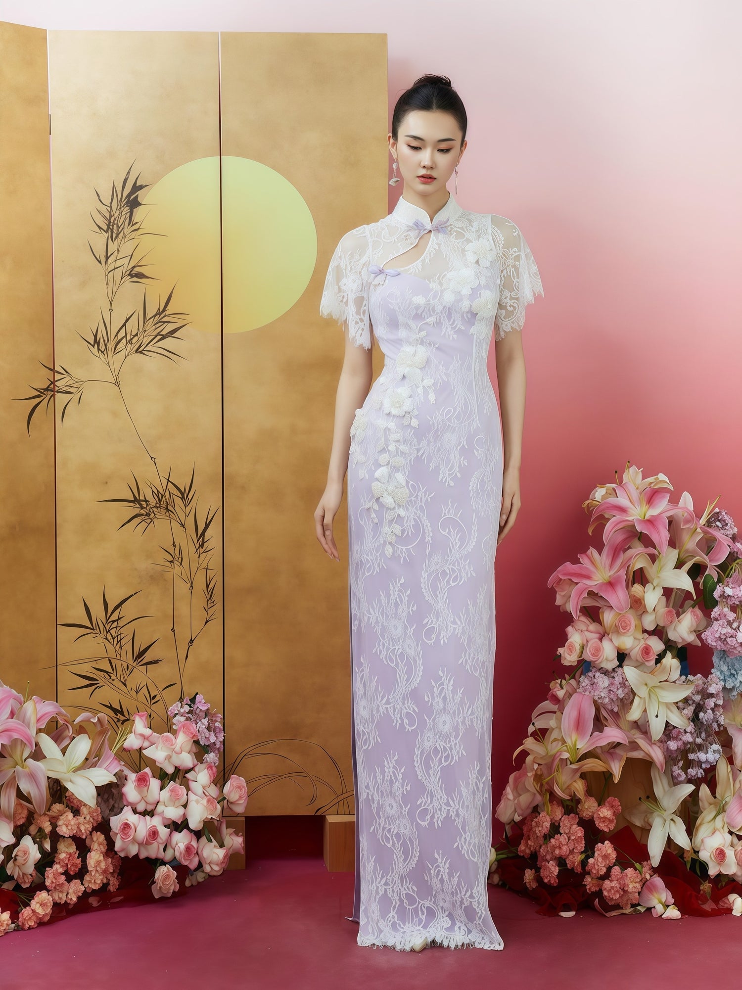 Cloud Mist Lace Embroidered Mandarin Collar Sheath Dress