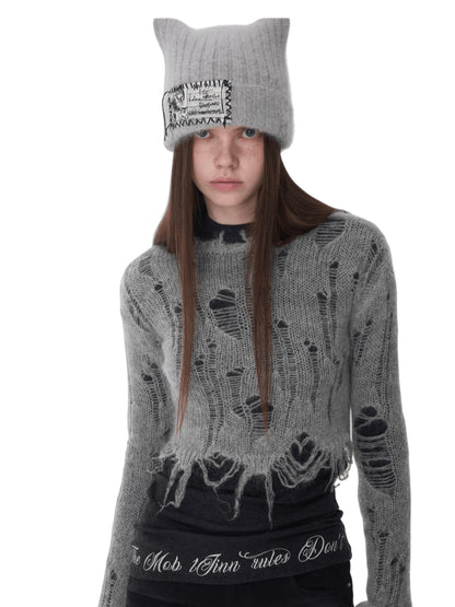 Mohair Distressed Fitted Cropped Sweater
