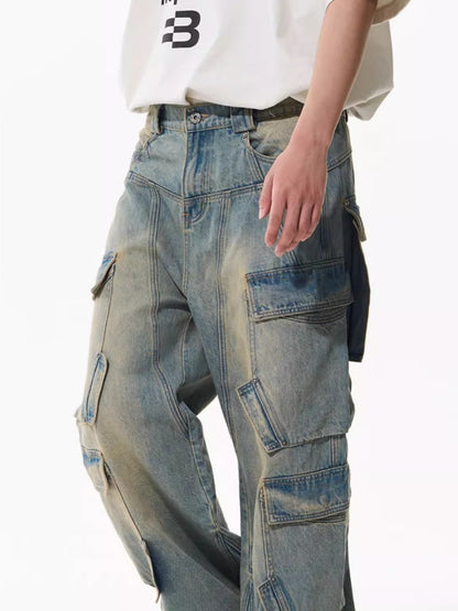 Washed Pocket-Panel Straight-Leg Denim Cargo Pants