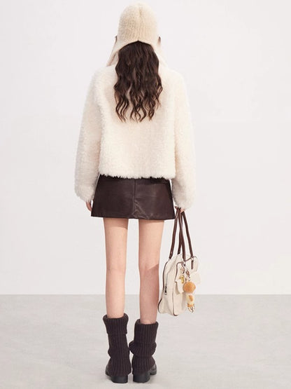 Shearling-Trim Stand-Collar Cropped Jacket