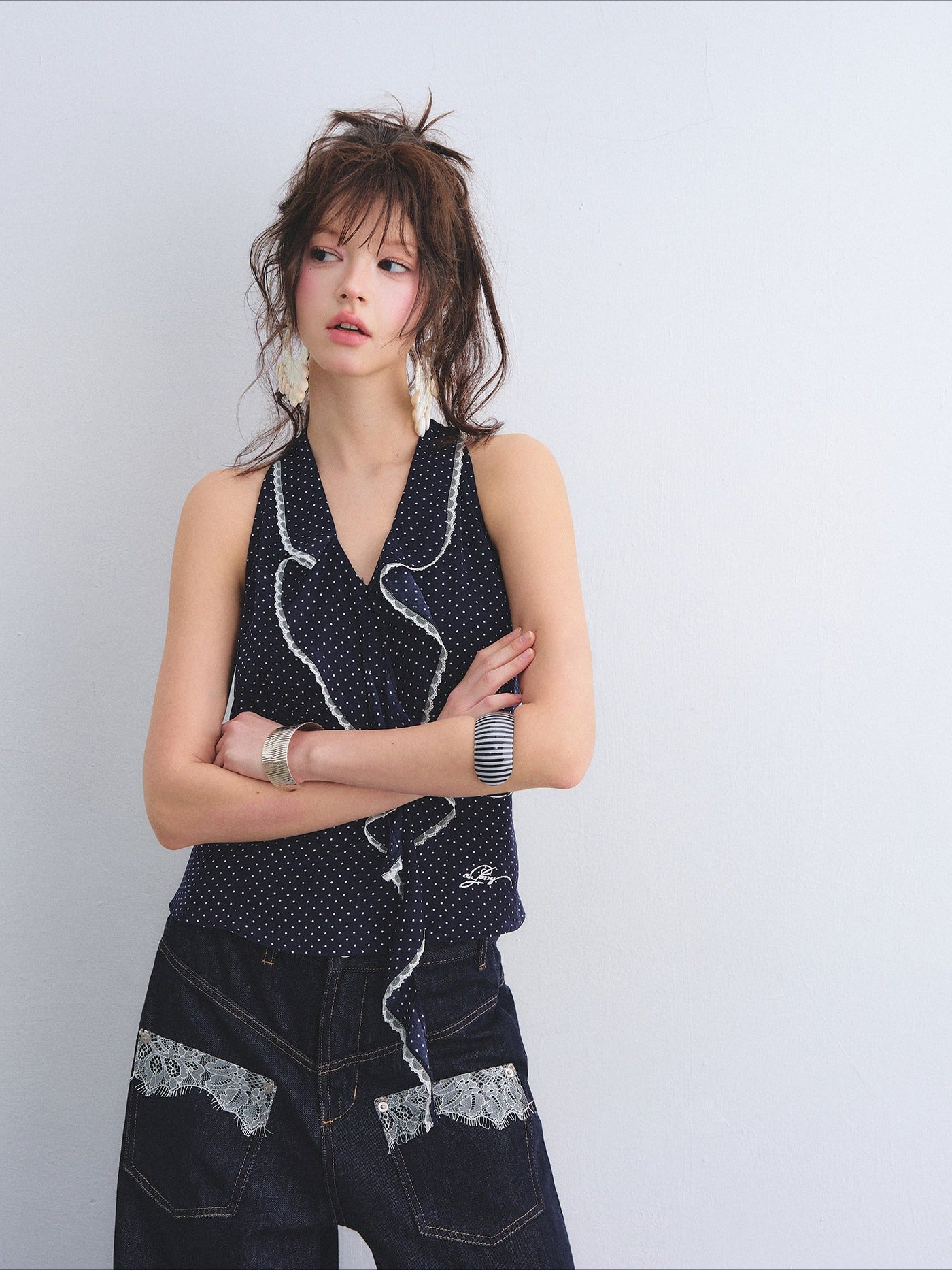 Polka Dot Lace Ruffle V-Neck Camisole