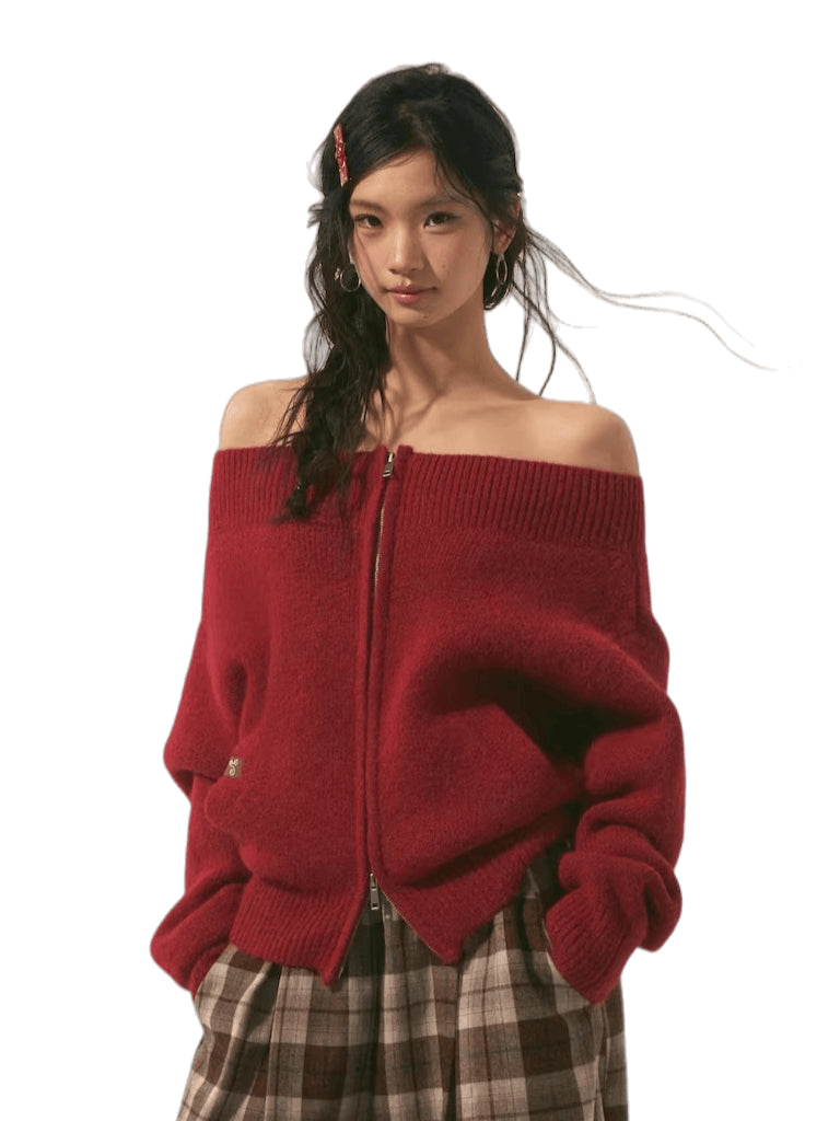 Relaxed Off-Shoulder Zip-Up Knit Cardigan