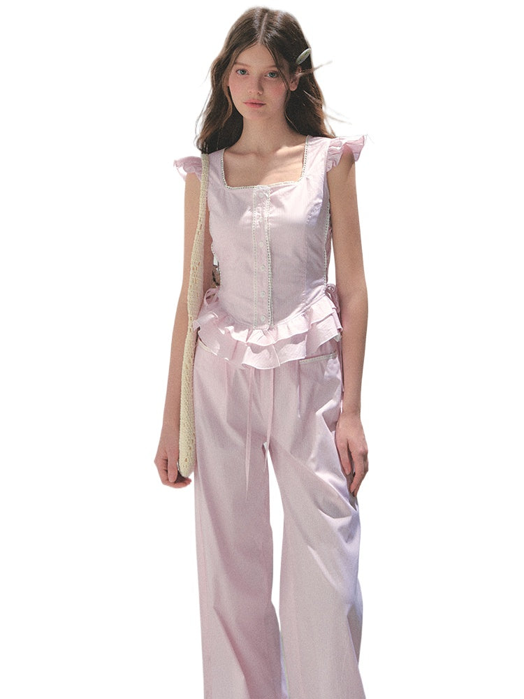 Pink Striped Flutter Sleeve Shirt - CHINASQUAD