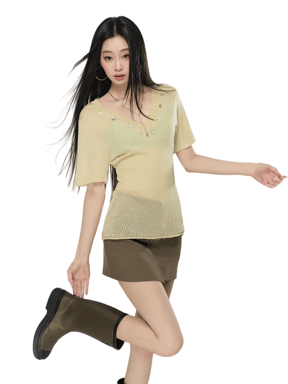Cut-Out Waist V-Neck Knit T-Shirt