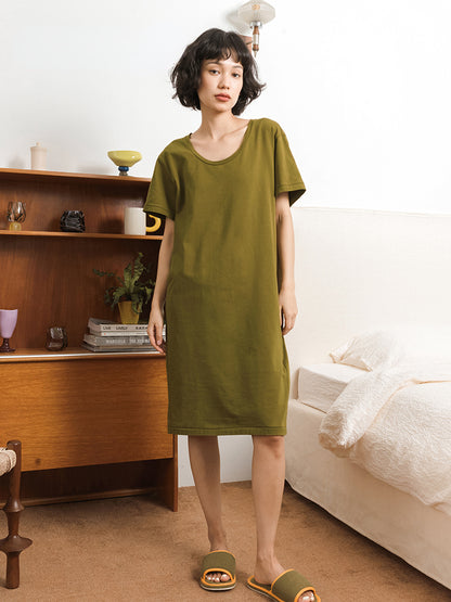 Plain-colored Cotton Round-neck Loose Sleepdress