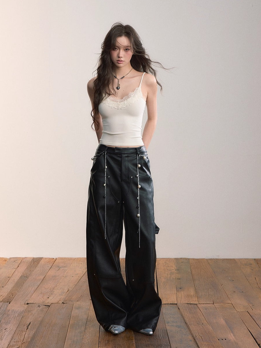 Gleam Rivet Strap PU Leather Pants