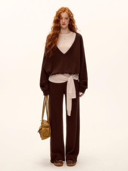 Waffle Knit V-Neck Pullover &amp; Tank Top &amp; Wide-Leg Pants Set