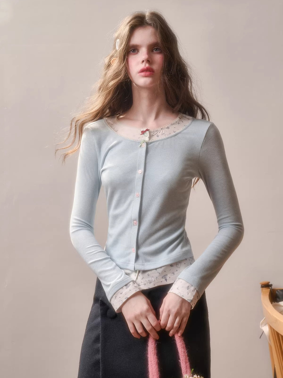 Cotton Layered-Effect Printed Cardigan