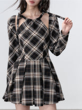 Black Plaid A-line Halter Mini Dress - CHINASQUAD