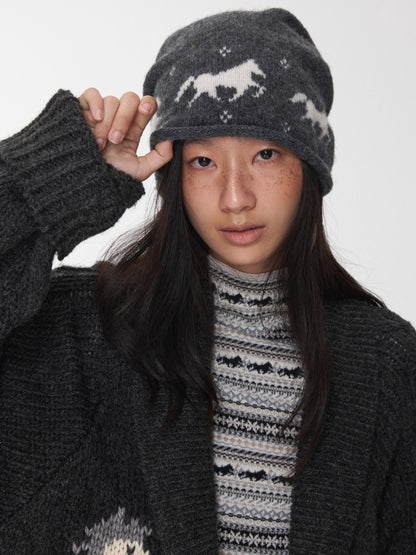 Pony Jacquard Horn-Button Chunky Cardigan