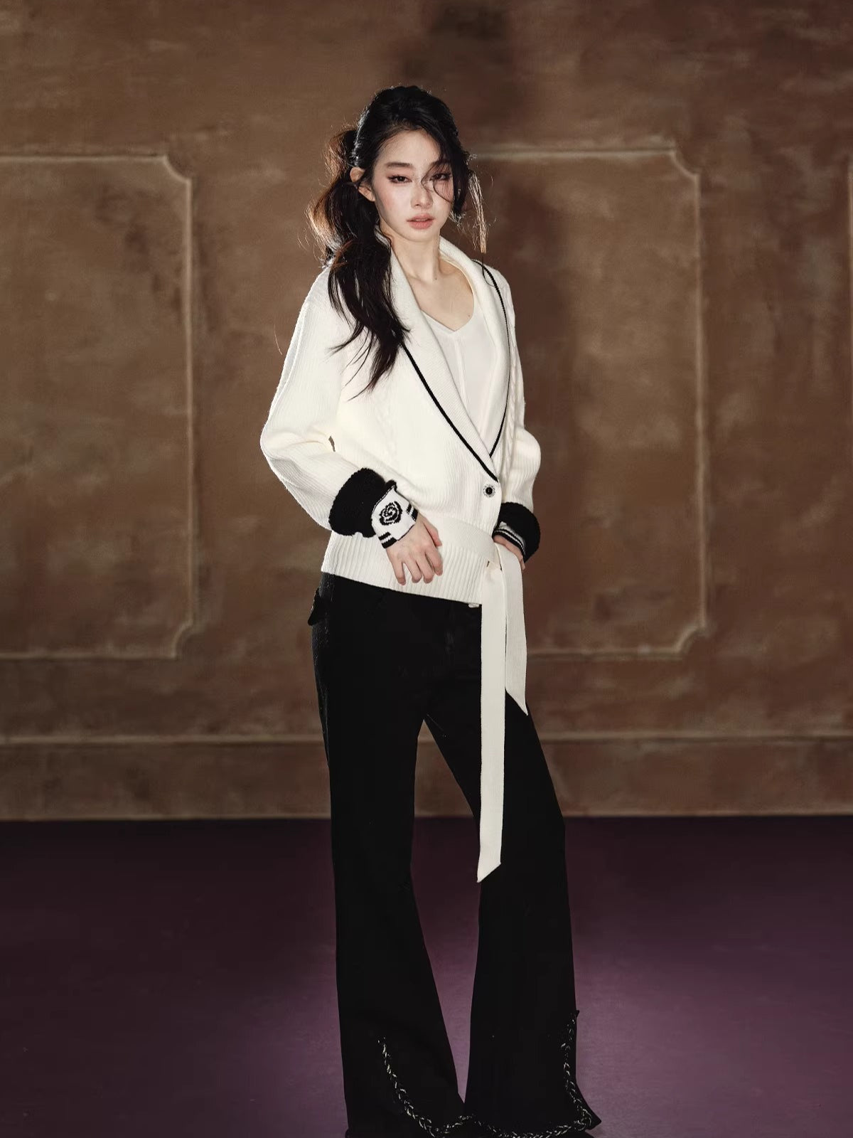 Oversized Contrast V-Neck Tie-Waist Knit Sweater