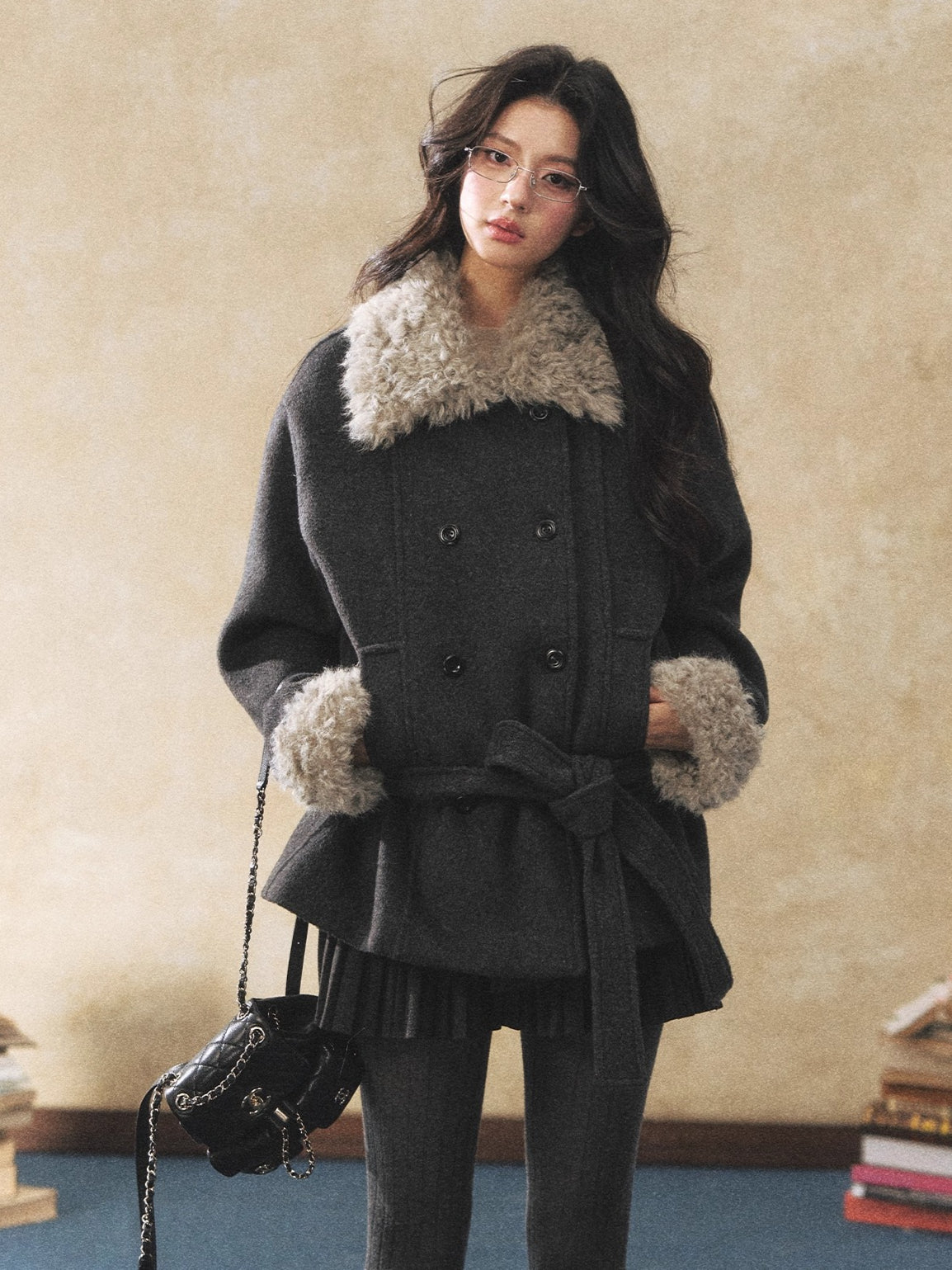 Fur Collar Tie-Waist Wool-Blend Jacket