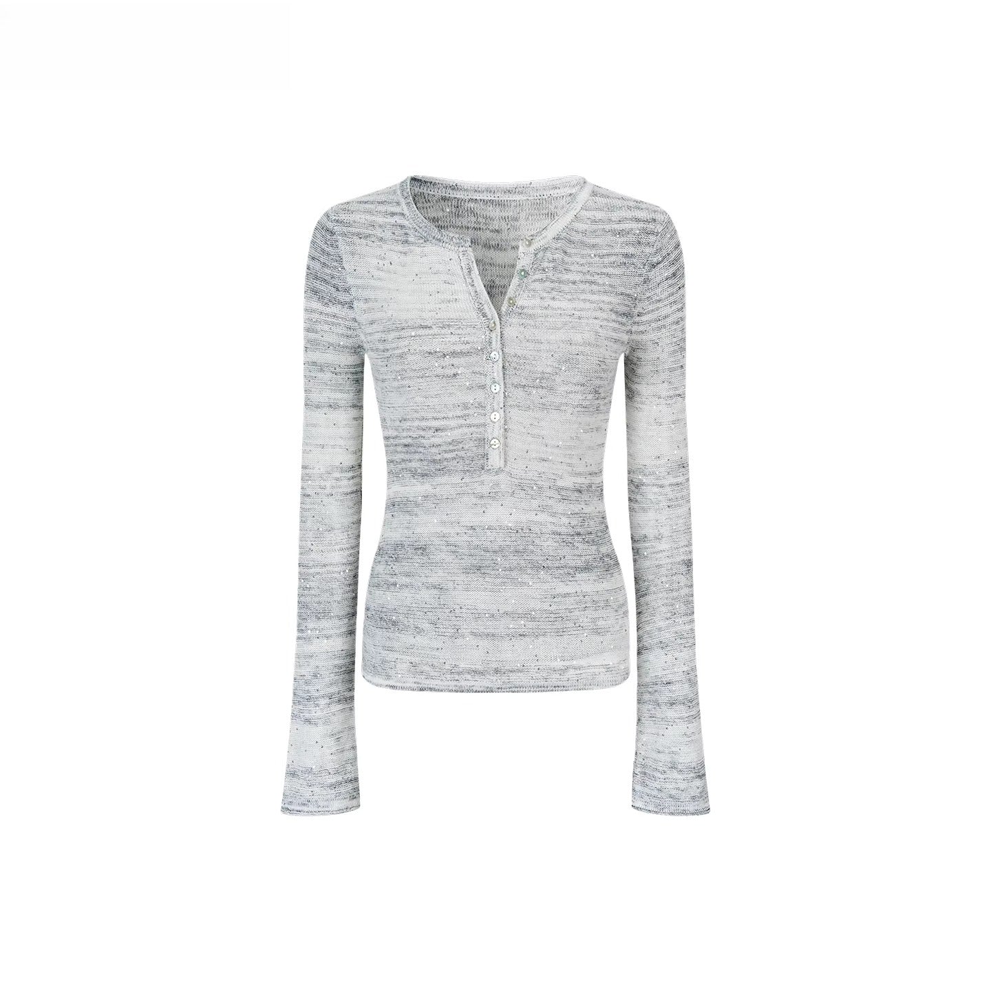Sequin-Kissed Mélange Henley Knitwear
