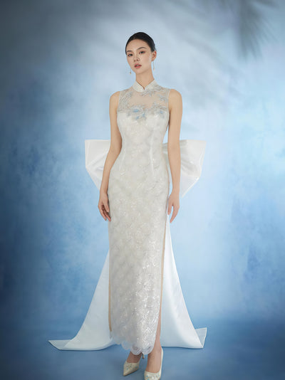 Ivory Embroidered Mandarin Collar Gown with Detachable Bow Train