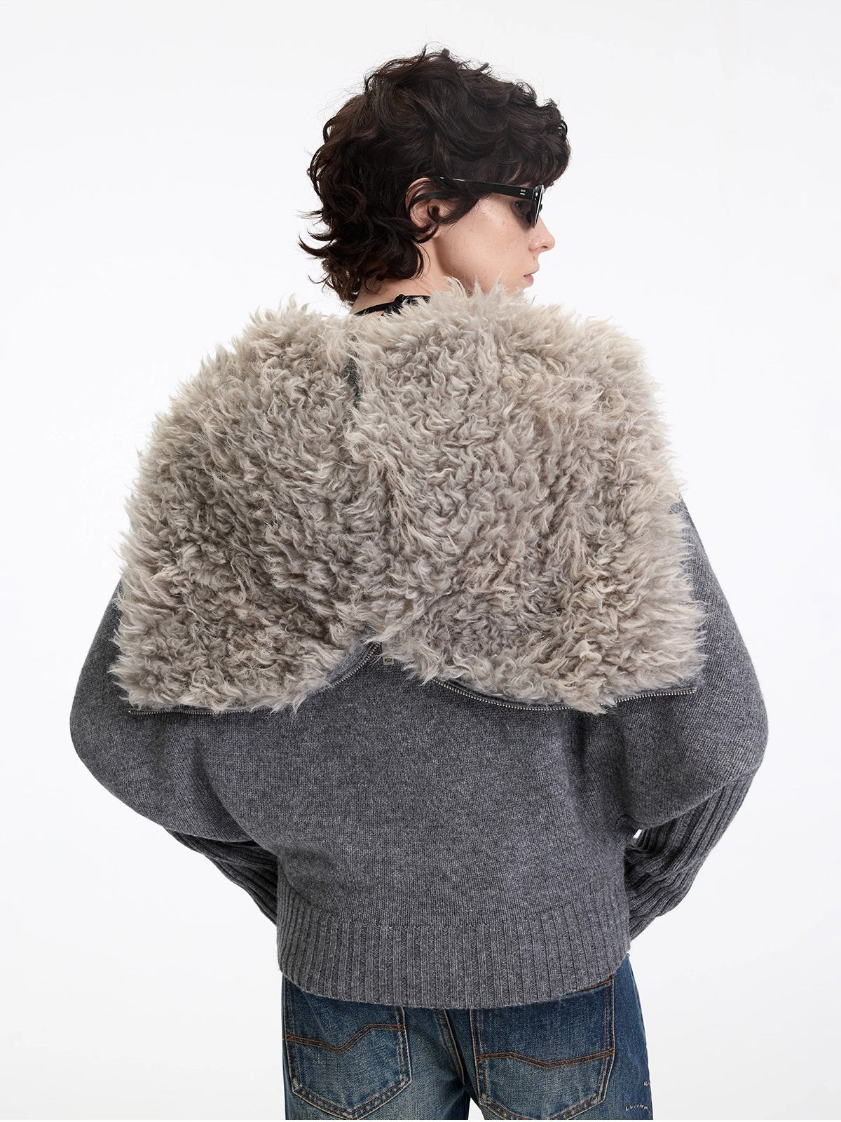 Wool-Blend Hooded Faux Fur Collar Knit Jacket
