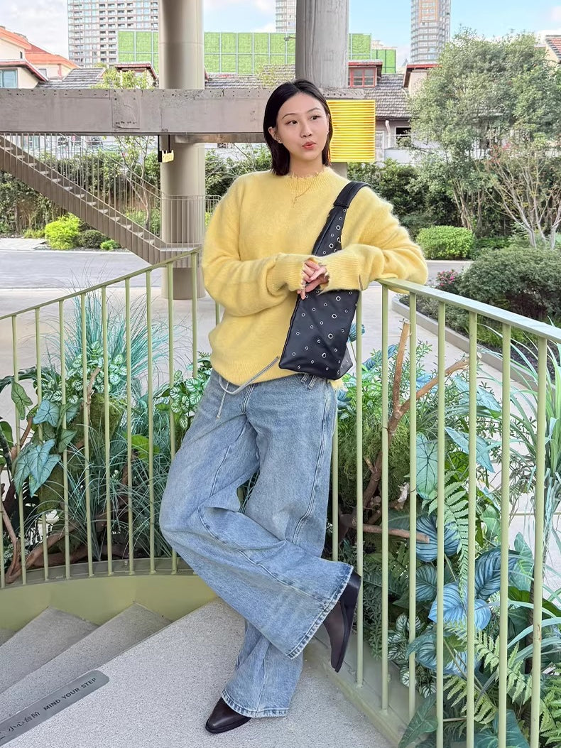 Asymmetric Tie-Detail Loop-Tab Denim Jeans