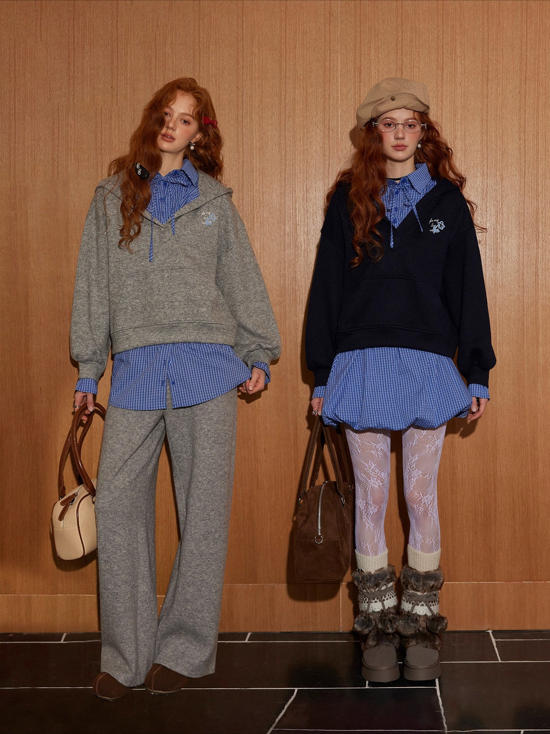 Three-Piece Set Plaid Patchwork Layered Sweatshirt &amp; Bottom Set - CHINASQUAD