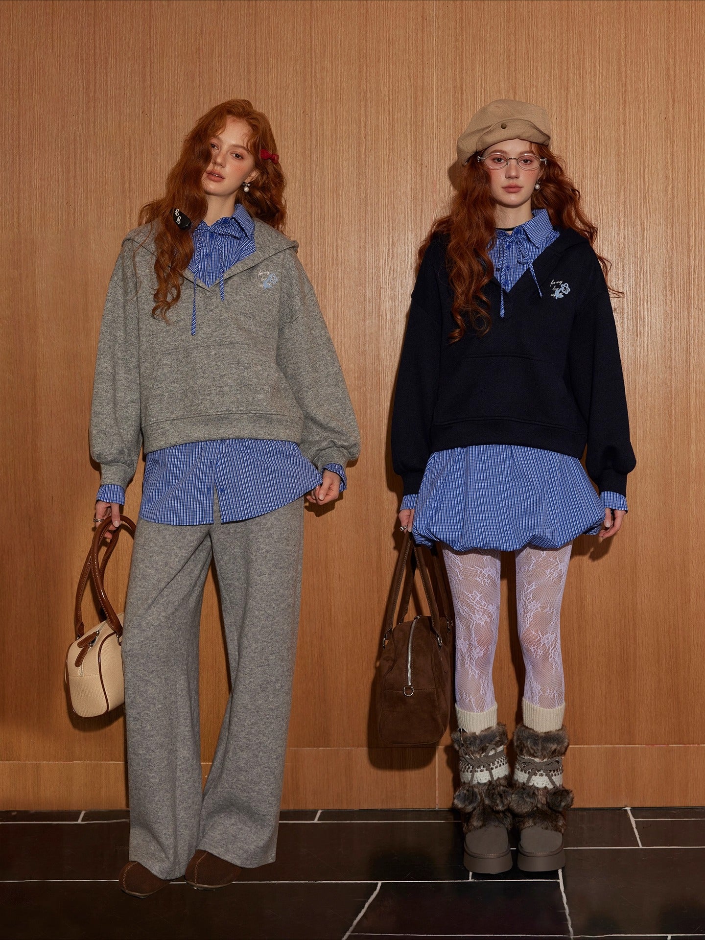 Three-Piece Set Plaid Patchwork Layered Sweatshirt &amp; Bottom Set - CHINASQUAD
