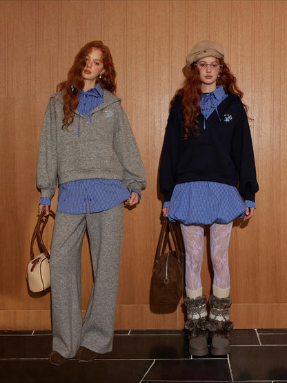 Three-Piece Set Plaid Patchwork Layered Sweatshirt &amp; Bottom Set - CHINASQUAD