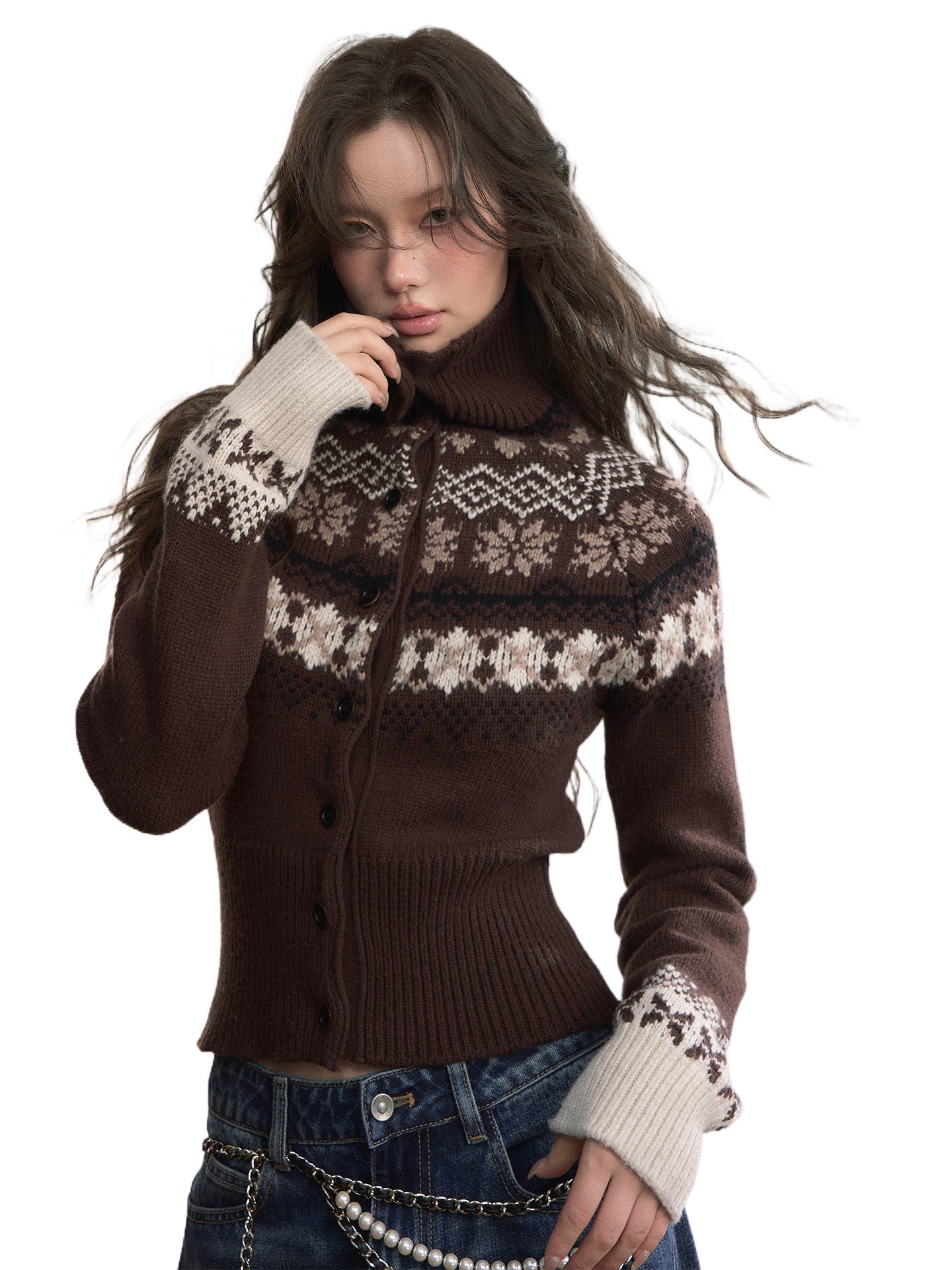Fair Isle Wool-Blend Turtleneck Knit Cardigan