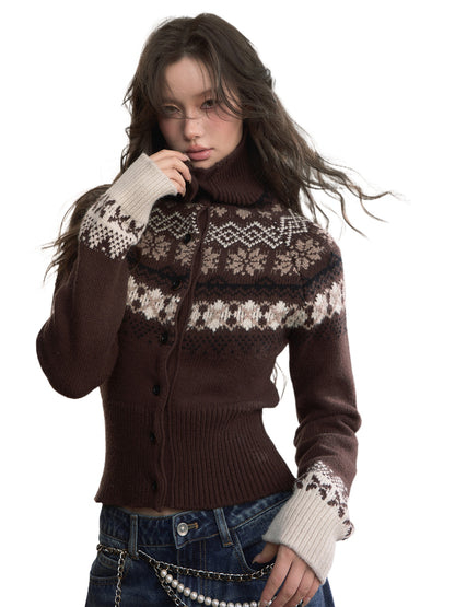Fair Isle Wool-Blend Turtleneck Knit Cardigan