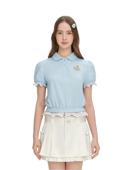 Smocked Puff Sleeve Layered Polo Tee
