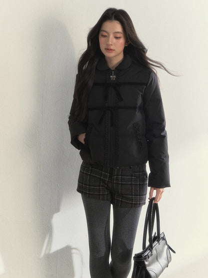 Velvet Bow Trim Down Jacket