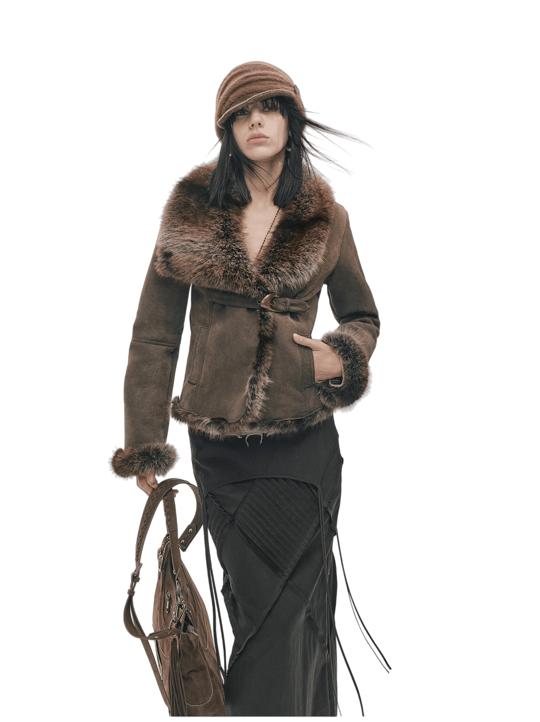 Vintage Asymmetric Shearling-Effect Suede Jacket