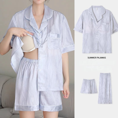 Three-piece Set of Silk Short-sleeved Pajamas