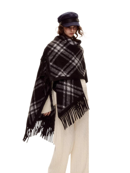 Vintage Plaid Tassel Cape Scarf
