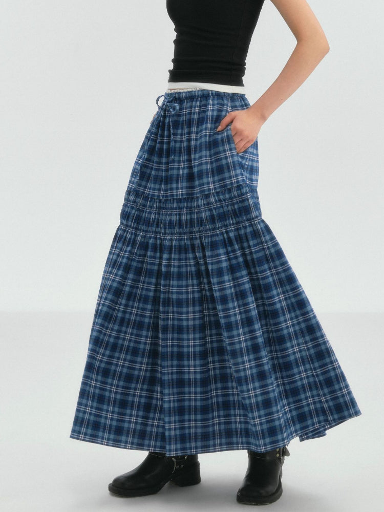 Lace Trim Drawstring Plaid Skirt