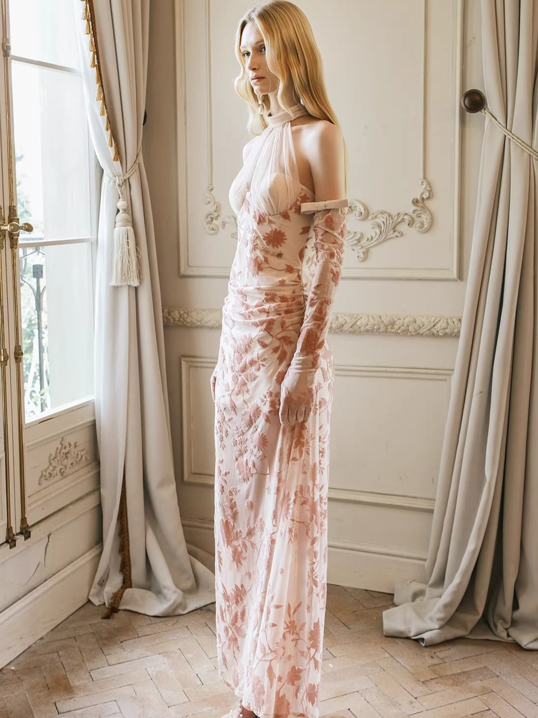 Velvet Halter-Tie Floral Corset Maxi Dress