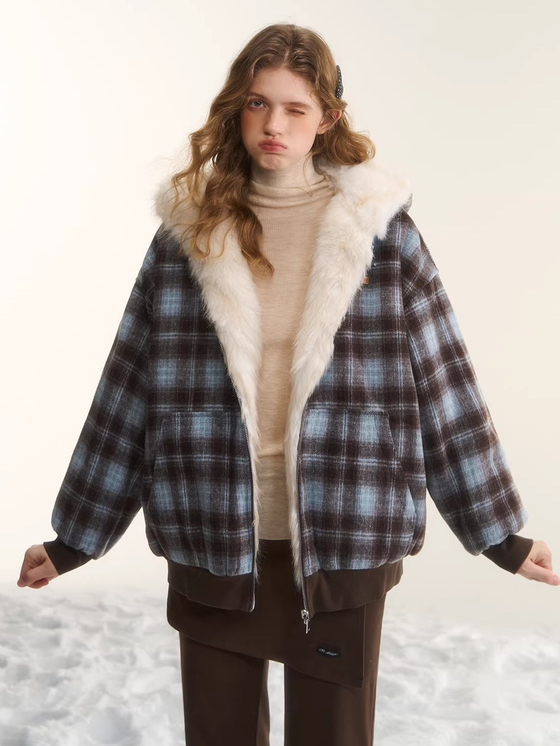 Reversible Plaid Teddy Fur Jacket