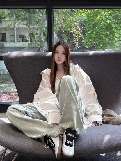 Embroidered Panel Oversized Cotton Shirt