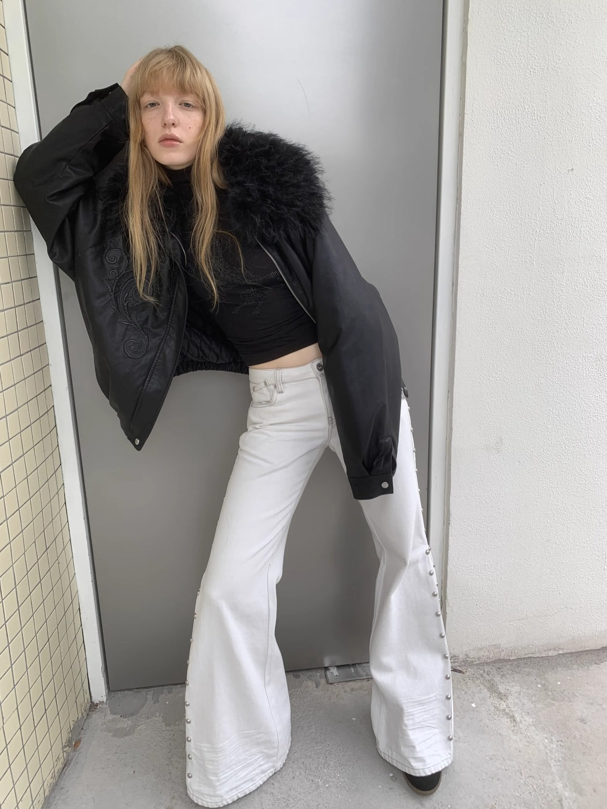 Studded Cat-Whisker Flared Denim Pants