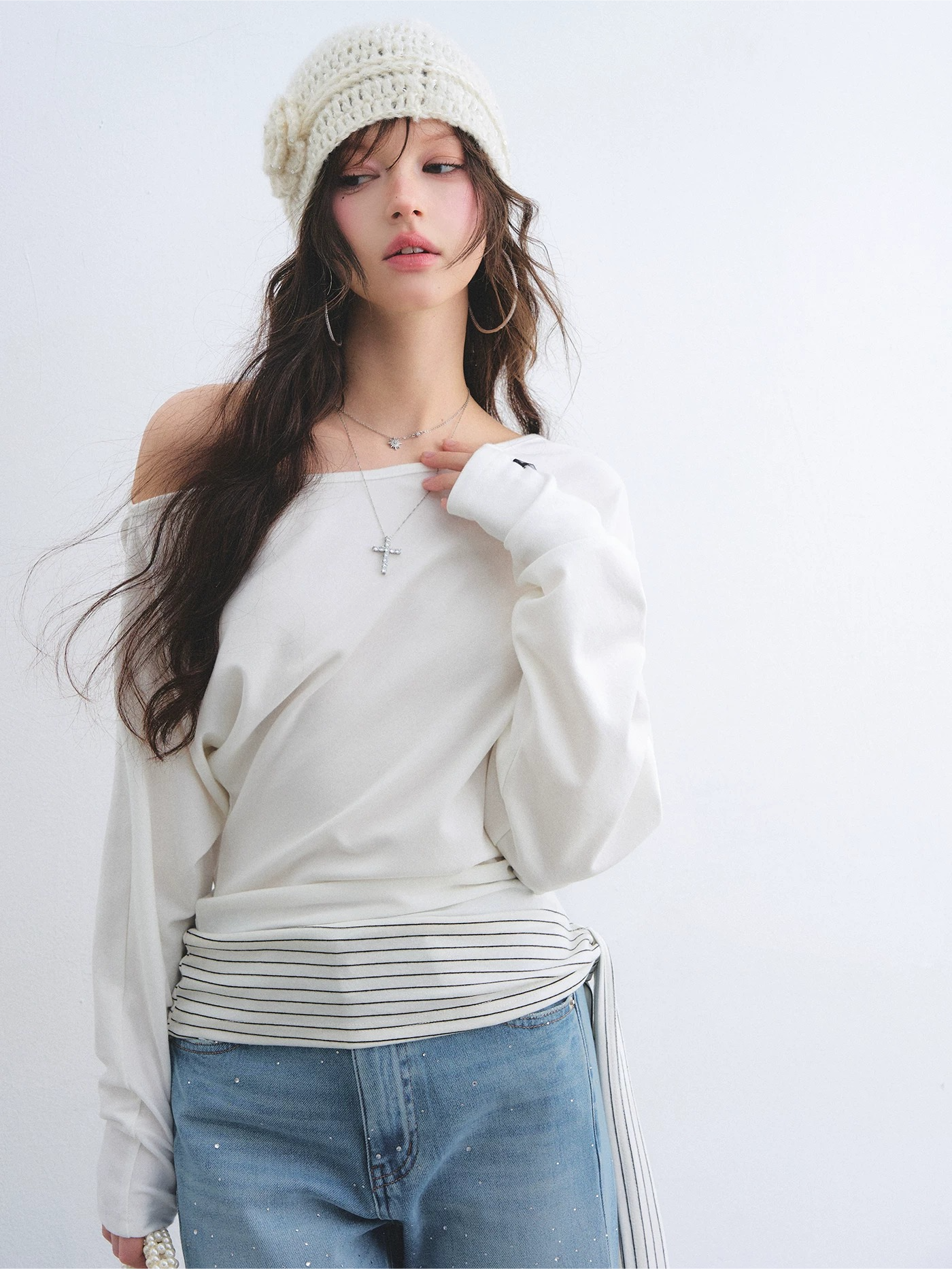 Asymmetric Batwing Sleeve Striped Tie-Hem Long Sleeve Top
