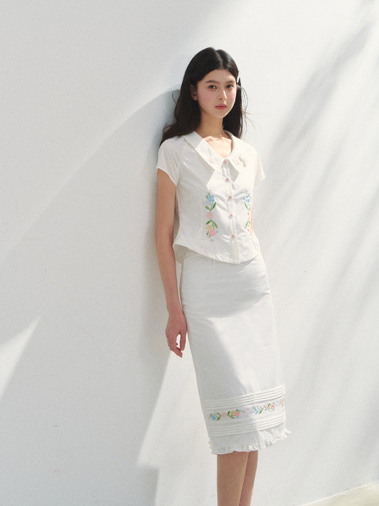 Embroidered Short-sleeve Waist-cinching Shirt &amp; Skirt Set