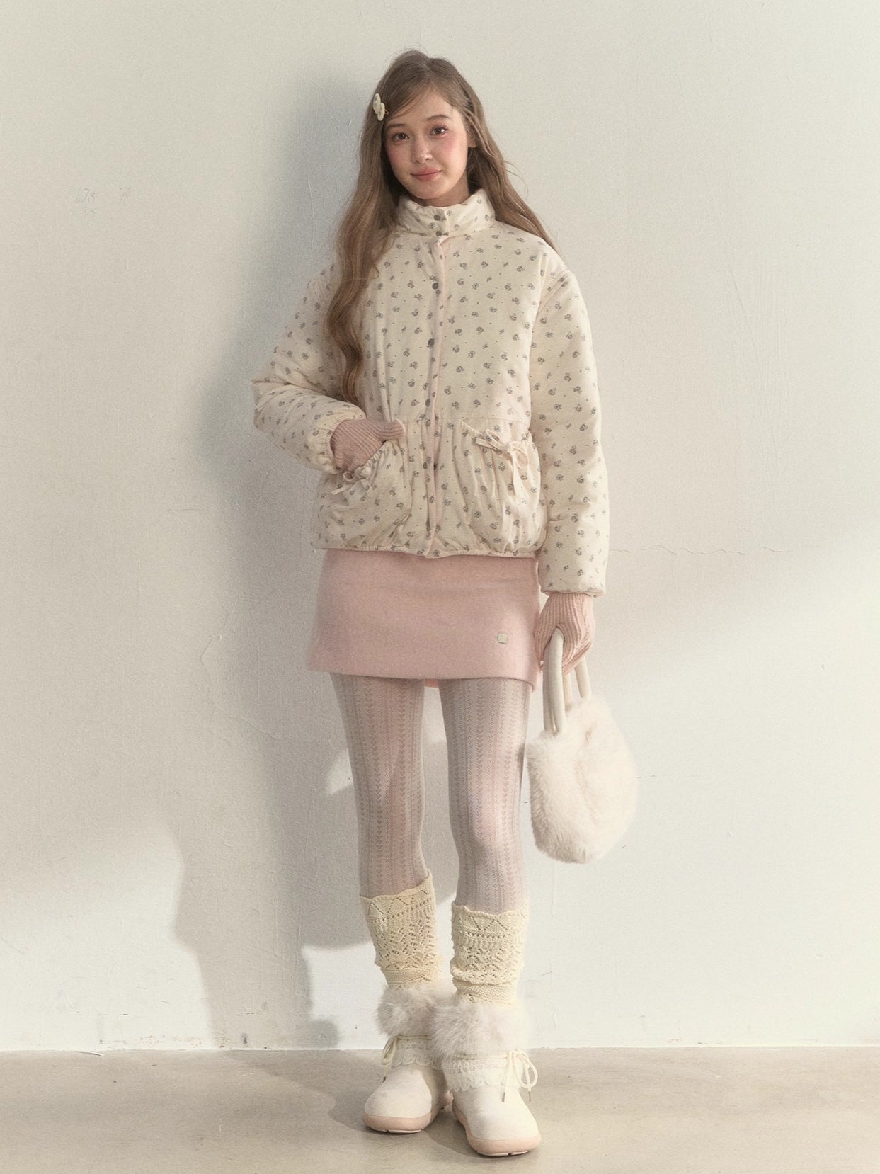 Pink Detachable-Sleeve Corduroy Floral Reversible Jacket