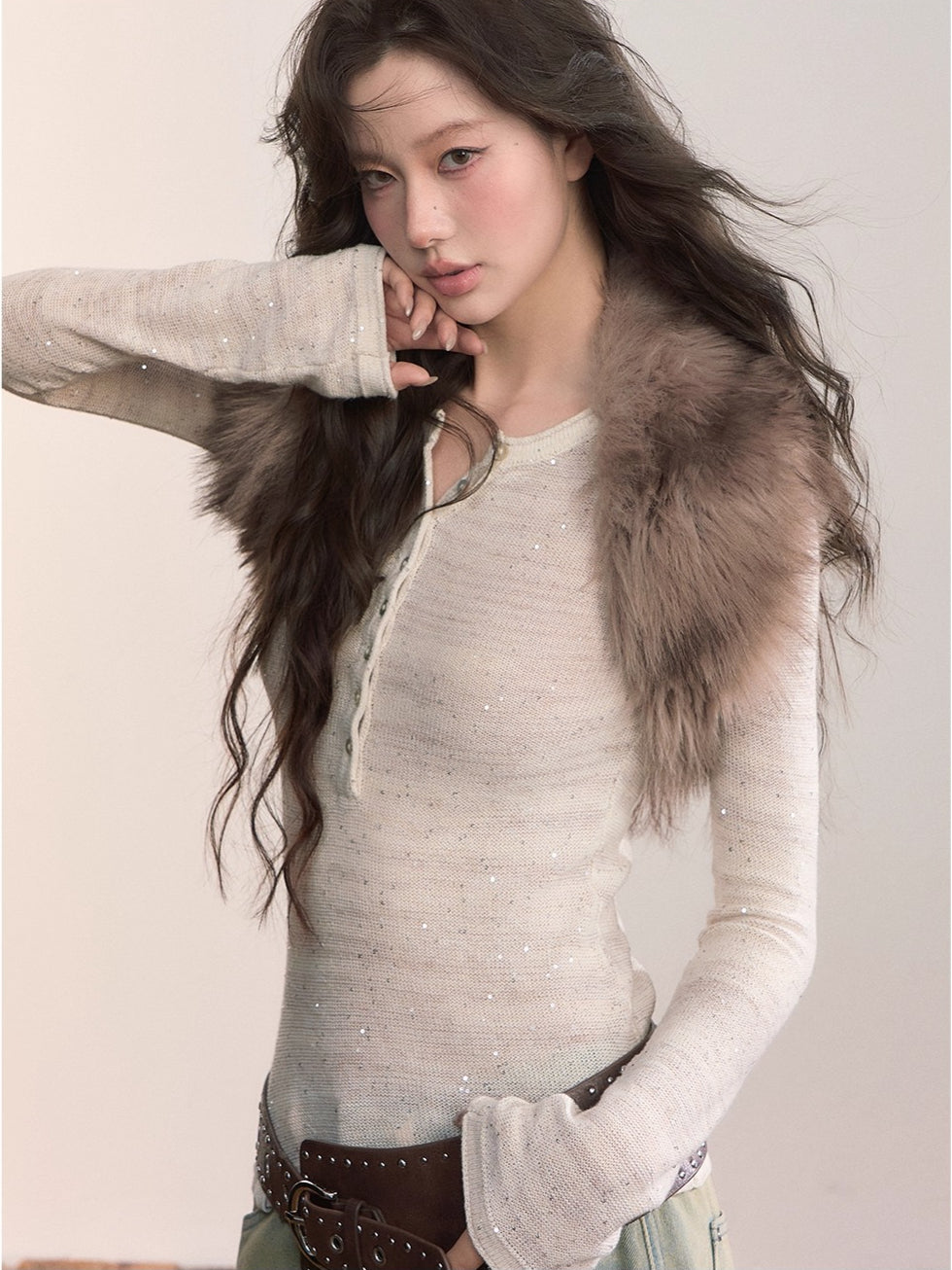 Sequin-Kissed Mélange Henley Knitwear