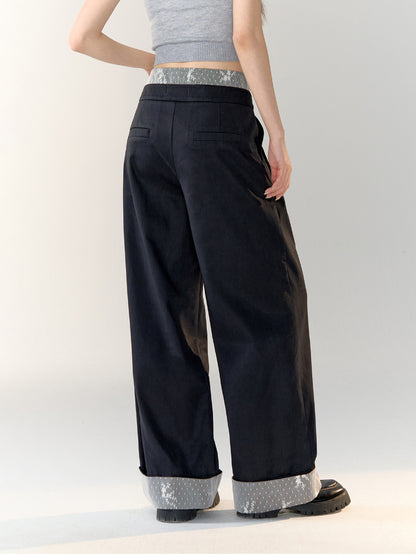 Lace-Patchwork Pleated Straight-leg Suit Pants