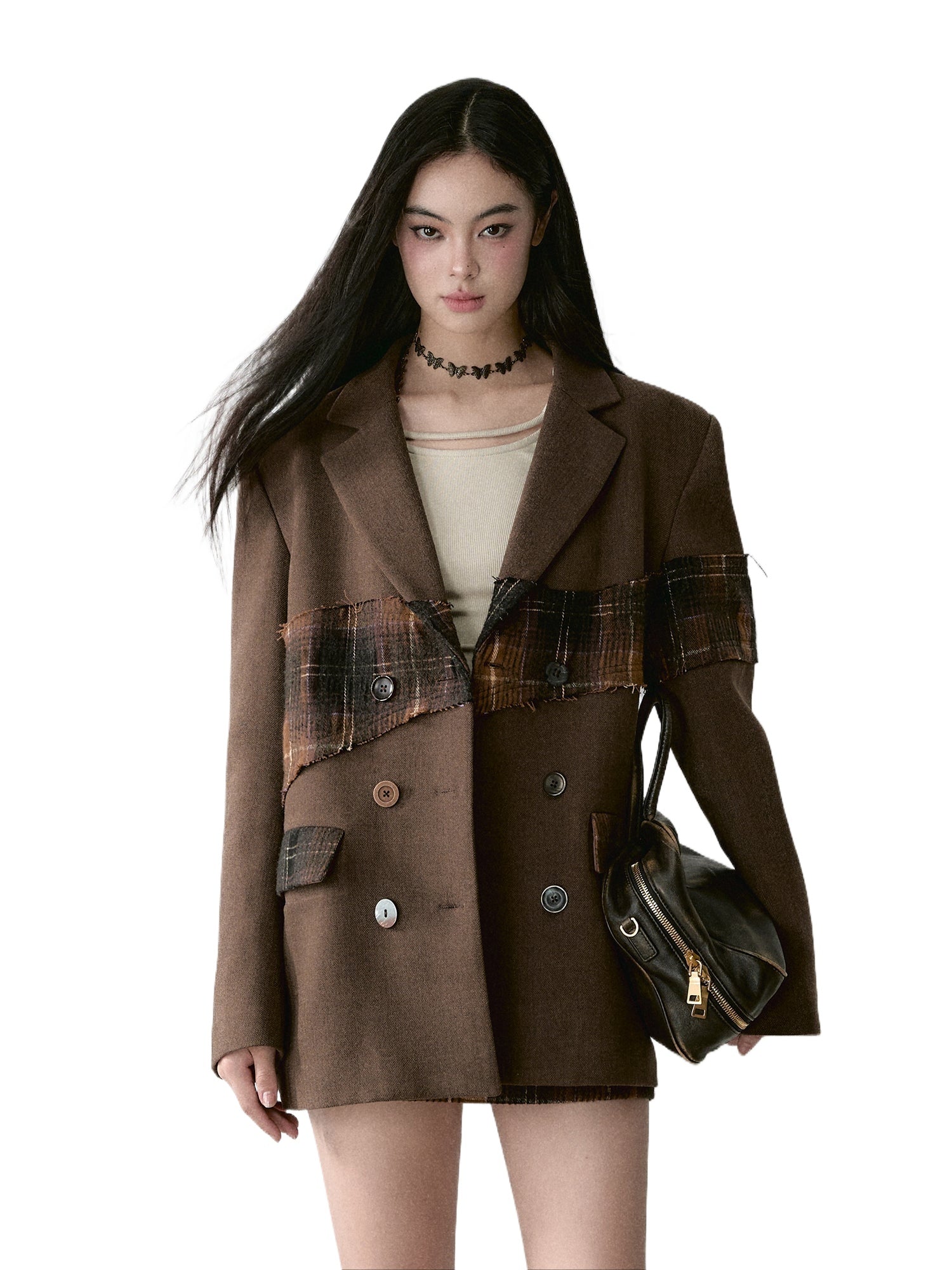 Wool Plaid Patchwork Mid-Length Coat