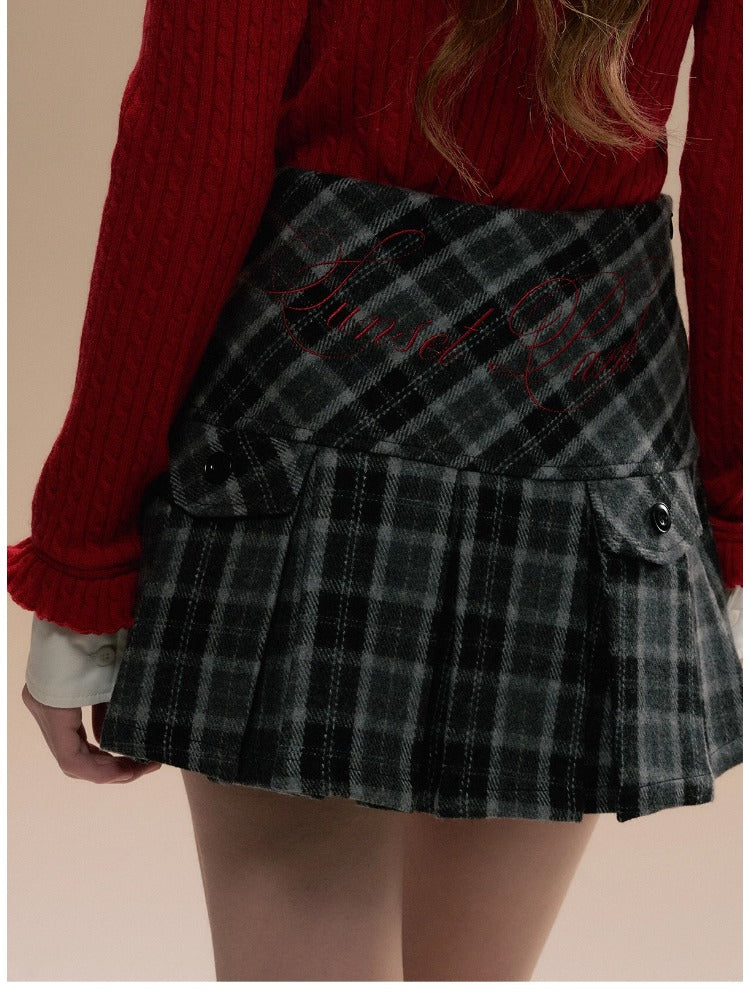 Gray Embroidered Wool Plaid Pleated Skirt