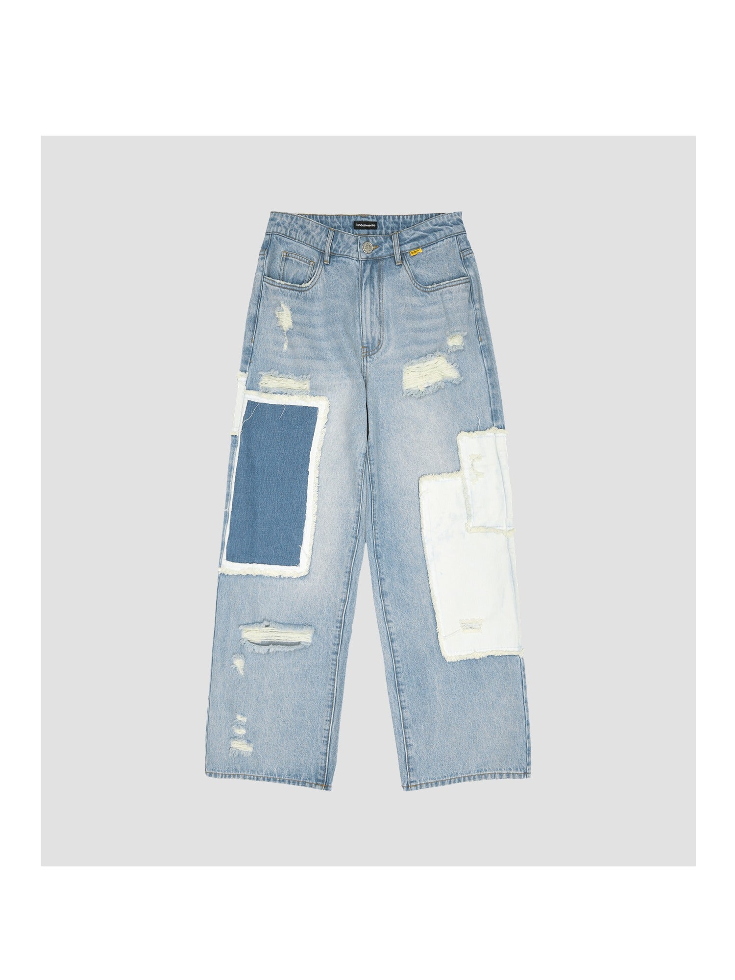 Asymmetric Patchwork Distressed Straight-Leg Jeans
