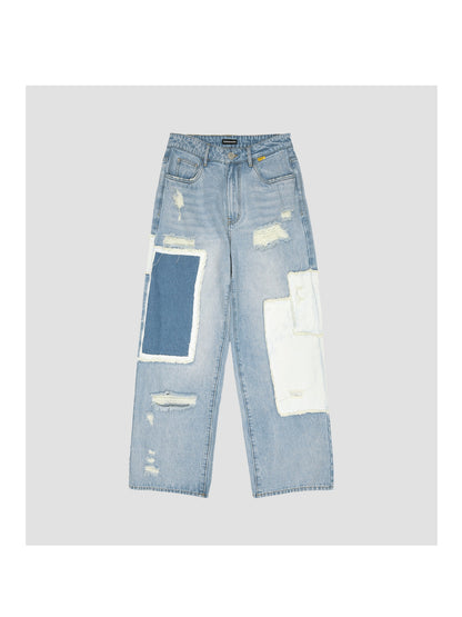 Asymmetric Patchwork Distressed Straight-Leg Jeans