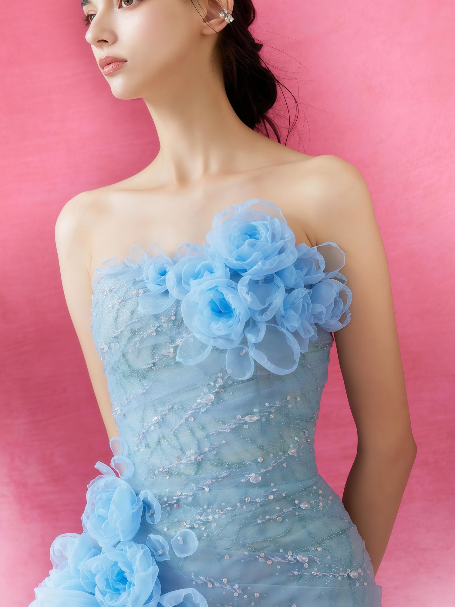 Ice Blue Floral Appliqué Convertible Mini Gown