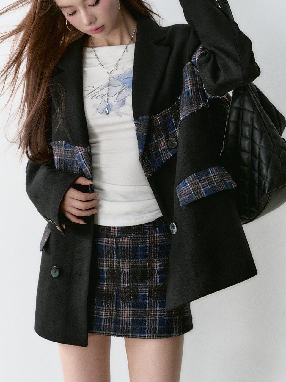 Plaid Button Patchwork A-Line Skirt