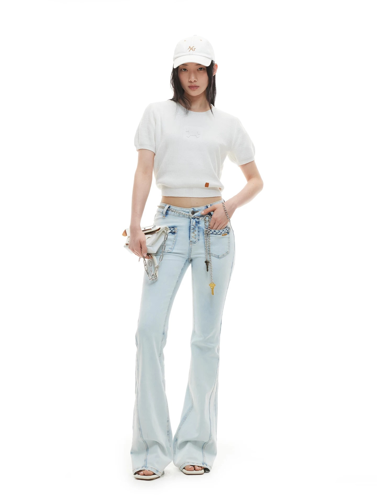 Braided Detail Mid-Rise Slim Flared Denim Jeans